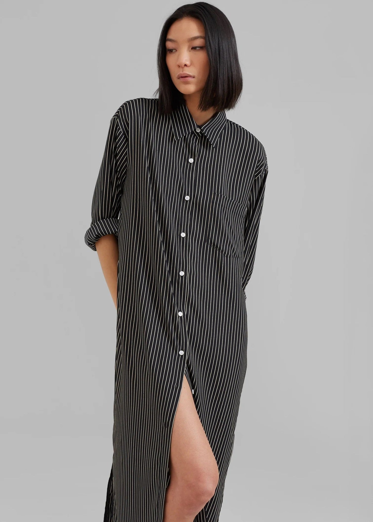 Pinstripe Power | Black Shirt Dress