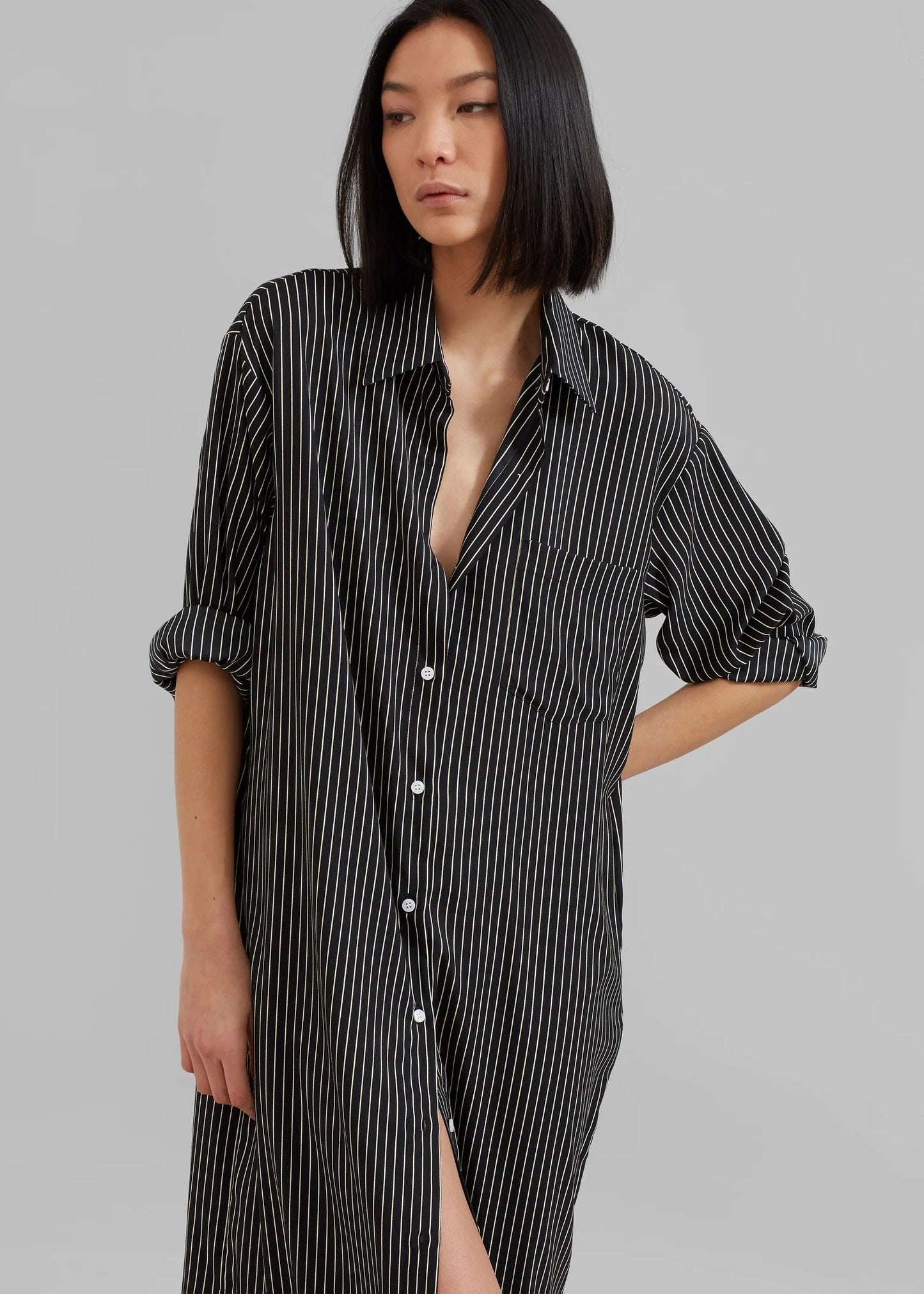 Pinstripe Power | Black Shirt Dress